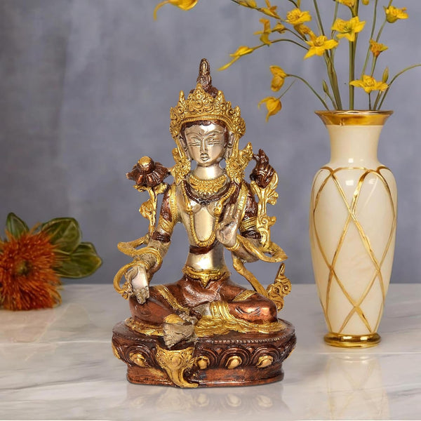 Brass Tara Devi Statue - Handcrafted Hindu Goddess Idol for Home Decor and Pooja Mandir Golden Color (Height 8 Inch)