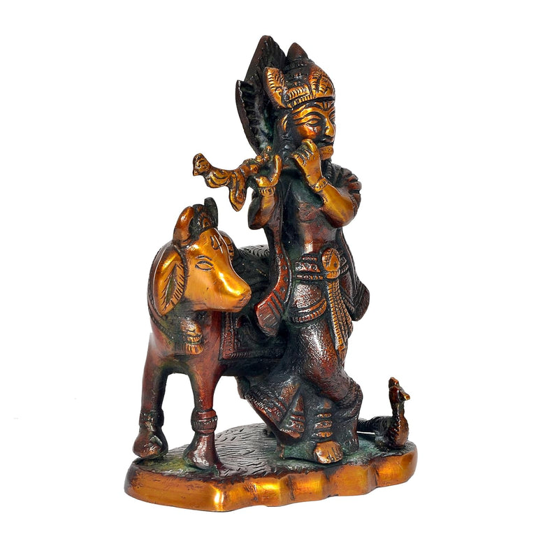 Brass Lord Krishna with Cow Idol Figurine Sculpture Playing Flute Statue Decorative Showpiece, (Height 5.5 Inch)