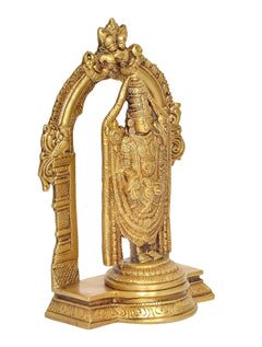 Brass Balaji idol figurine back/side view under carved arch, intricate body patterns