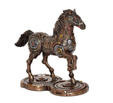 Bronze resin mechanical horse statue with detailed head and spoked gear wheels