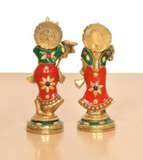 Brass Radha Krishna idol set, close side view of dresses with floral motifs, 5.5 in