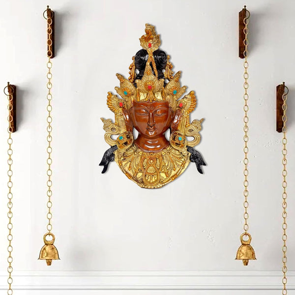 Brass Goddess Tara Wall Hanging Mask Buddhist Deity Handmade Statues for Home Decor Wall Decor (Height 16 Inch) Mandir Setting