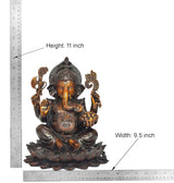 Brass Ganesha on lotus, height 11 in and width 9.5 in, brown and gold