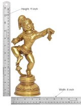 Dancing baby Krishna brass statue, height 11 inch with measurement labels