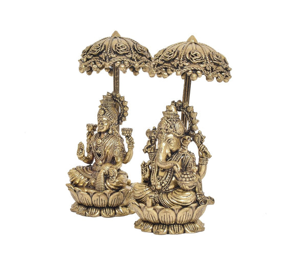 Superfine Brass Lakshmi Ganesh Statue with Decorative Chatri for Home Décor, Pooja and Spiritual Blessings (Height: 4.5 Inch) Study Setting