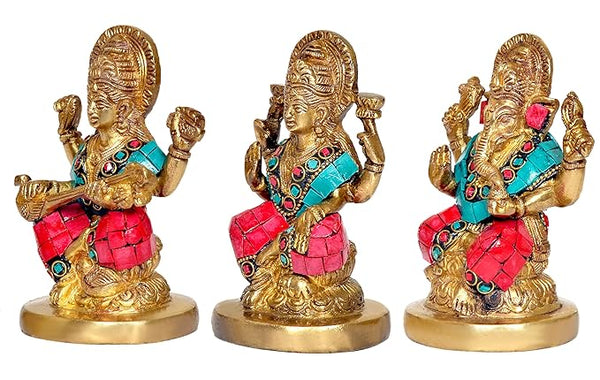 Goddess Lakshmi Ganesha Saraswati Brass Idol Lakshmi Ganesh Murti, Height 5 Width 3.5 Inches Study Setting