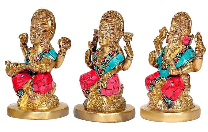 Goddess Lakshmi Ganesha Saraswati Brass Idol Lakshmi Ganesh Murti, Height 5 Width 3.5 Inches