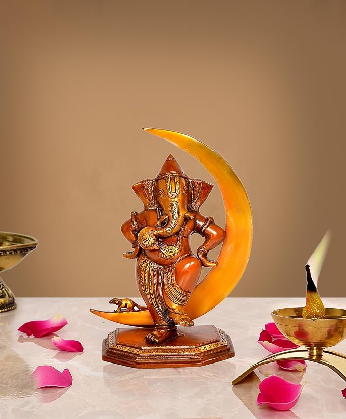 Brass Lord Ganesha Idol Statue Ganesh on Moon Decorative Sculpture for Home Office Temple Showpiece (Height 10 Inch)