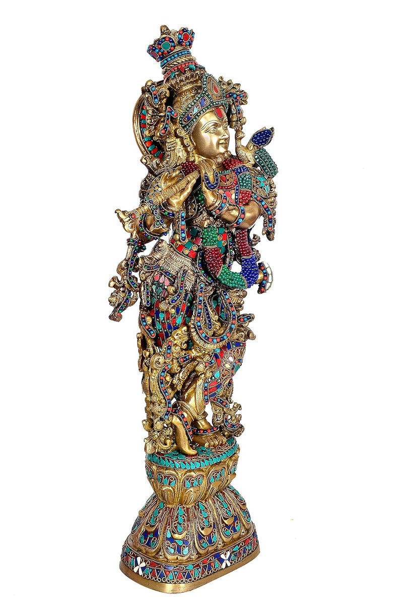 Brass Lord Krishna Murti for Gift Idol Statue Large Size Krishna Playing Flute 29 Inches