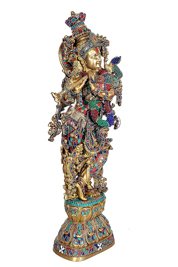 Brass Lord Krishna Murti for Gift Idol Statue Large Size Krishna Playing Flute 29 Inches