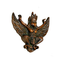 Brass Garuda deity hanging decor, front view with ornate chest and wing designs