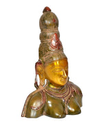 Parvati brass bust statue profile, gold tone with red headdress, multicolor 10-inch