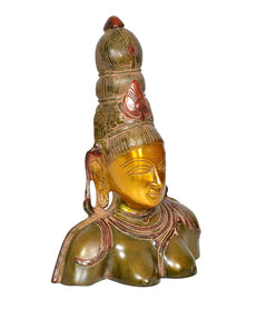 Parvati brass bust statue profile, gold tone with red headdress, multicolor 10-inch