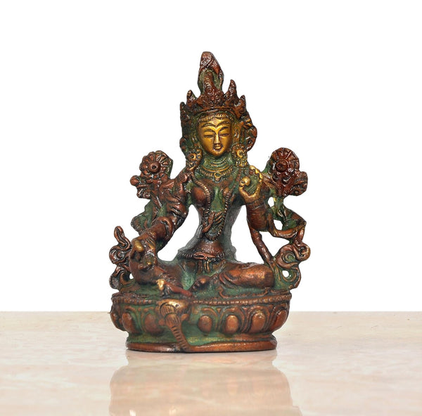 Brass Tara Devi Statue - Green Tara for Worship, Meditation Spaces, for Home Decor and Office, or as a Thoughtful Spiritual Gift. (Height 3.5 Inch)