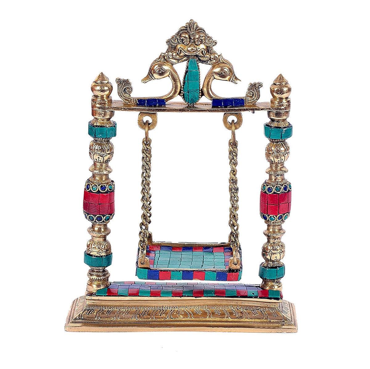 Gold brass Krishna jhula idol with turquoise/red bead columns and blue seat