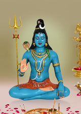 Lord Shiva brass sculpture seated cross-legged, blue skin, orange garment, holding trident