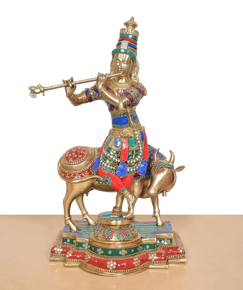 Brass Lord Krishna with Cow Idol (Height 25 Inch)
