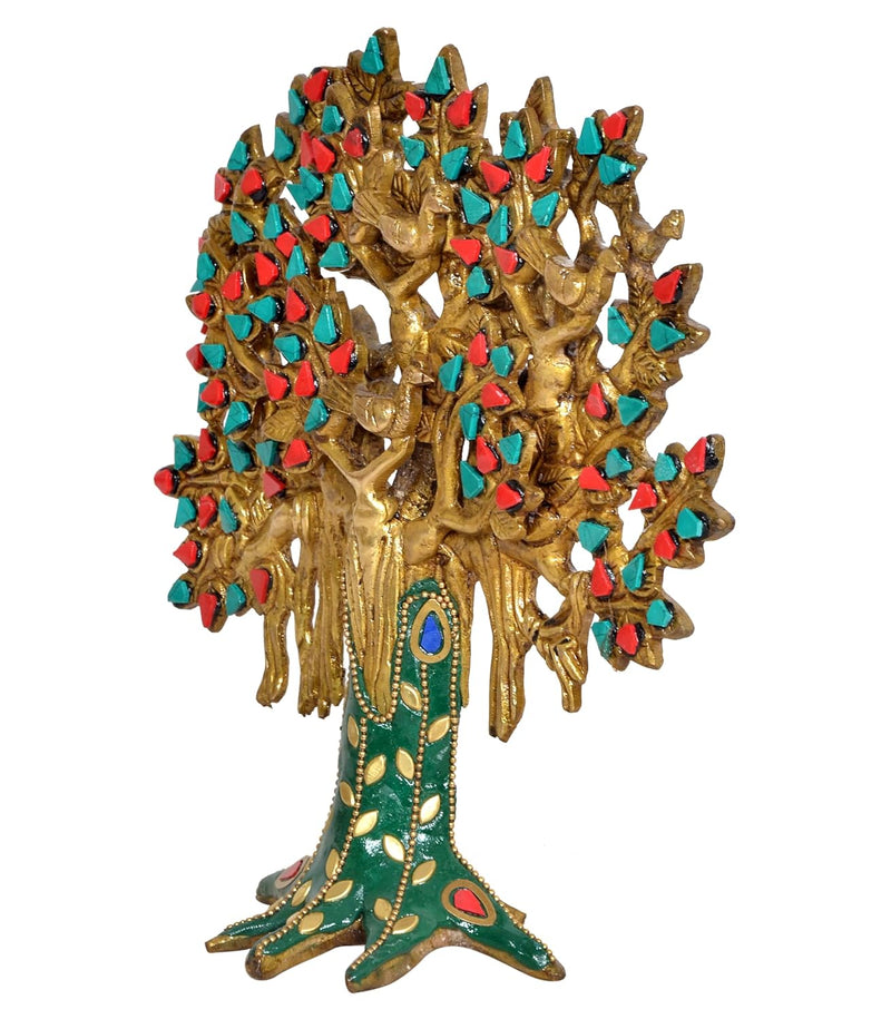 Brass Kalpavriksha Tree Table Standing with Stonework for Home Decor and Ofice Teble Decor Figurine (Height: 8.5 inch)