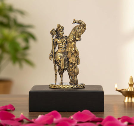 Panchaloha Lord Kartikeya Murugan with Majestic Peacock Idol (Height:2.5 Inch)