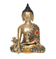 Brass seated Buddha statue with jeweled robe pattern and star-emblem hand