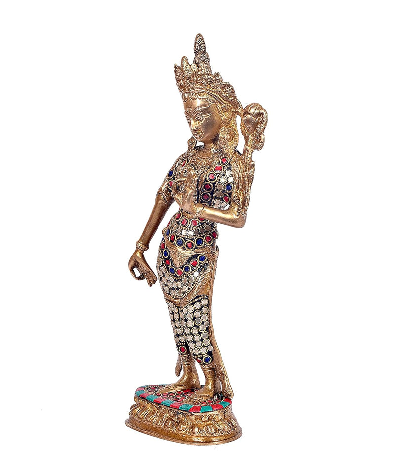 Brass Standing Goddess White Tara Devi Idol Religious Statue with Inlay Work Height 11.6 Inch