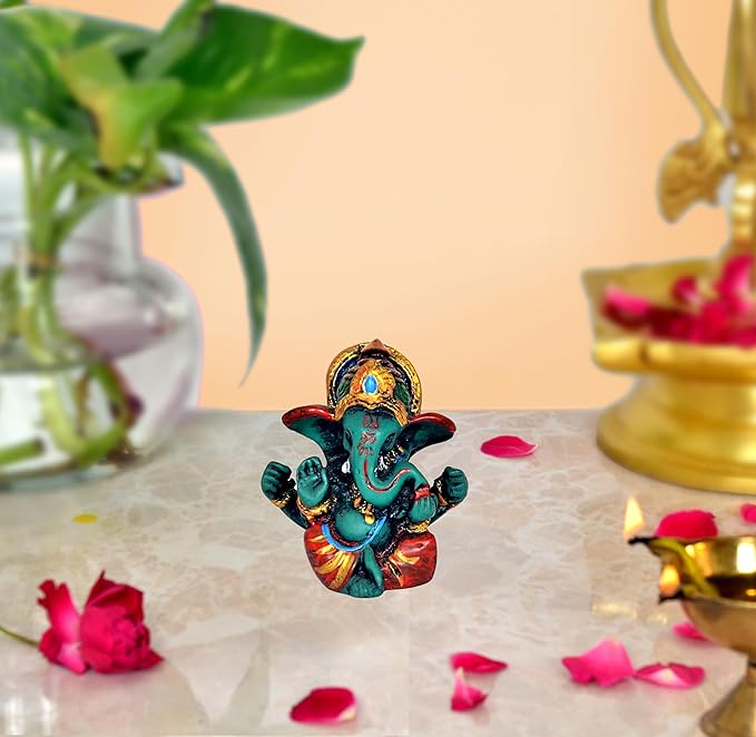6 cm Ganesha resin idol statue, teal deity with painted red and gold accents
