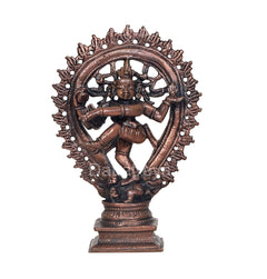 Copper Natraja dancing Shiva idol figurine with ornate halo, front view