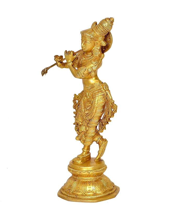 Brass Lord Krishna Idol Figurine Sculpture Playing Flute Statue Decorative Showpiece, (Height 9.5 Inch)