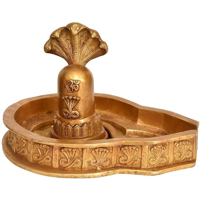 Brass Shiva linga with snake heads and Om symbol on ornate circular base tray