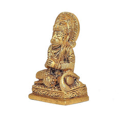 Side view Hanuman Ji brass finish idol, seated holding hands, detailed pedestal