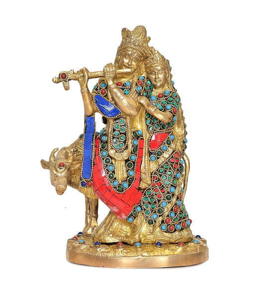 Brass Radha Krishna with Cow Idol Statue for Home Decor and Pooja Mandir Temple Office Decor (Height 9.5 Inch)