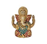 Brass Ganesha statue, raised hands and blue beaded belt with red accents