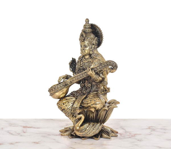 Superfine Brass Maa Saraswati Idol Sitting on Lotus (Height:10 Inch) Study Setting