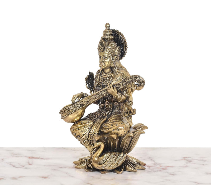 Bronze Maa Saraswati Idol Sitting on Lotus (Height:10 Inch)