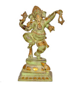 Brass dancing Ganesha idol statue, green patina finish, detailed base and jewelry
