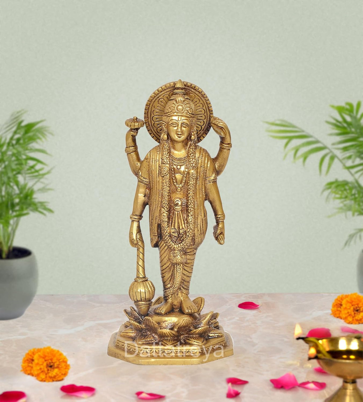 Brass standing four-armed Vishnu statue on lotus base, 9 inch pooja decor