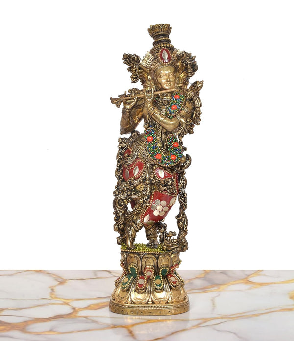 Superfine Brass Lord Krishna Sculpture Playing Flute (Height:10 Inch) Entryway Setting