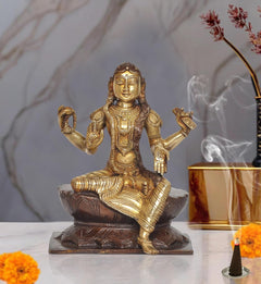 Brass Bala Tambika Sundari statue: seated goddess with raised arms