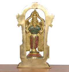 Back view Brass Lord Tirupati Bala Ji idol statue with gold arch and pedestal
