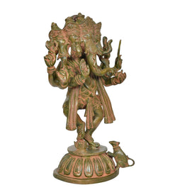 पंचमुखी गणेश मूर्ति, 3/4 व्यू; पीतल-रंग शरीर, रंगीन पैटर्न, हाथ उठे
