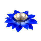 Lotus petal diya with blue petals and silver-brass inner bowl, 1.8 in height.