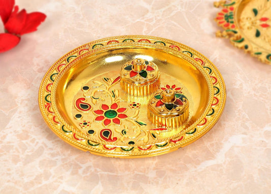 Decorative Design Gold Plated Plastic Haldi Kumkum Holder Pooja Thali and 2 Bowl For Rakhi Diwali Wedding Gifts Tilak Plate (Width 5.5 Inch) (Multicolor Pooja Thali)