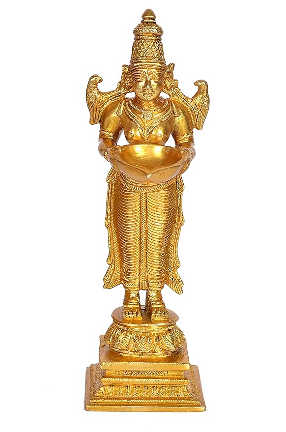 Brass Deep Lakshmi Brass Deep Lady Idol Brass Showpiece for Prosperity Happiness Golden Height 9.5 Inches