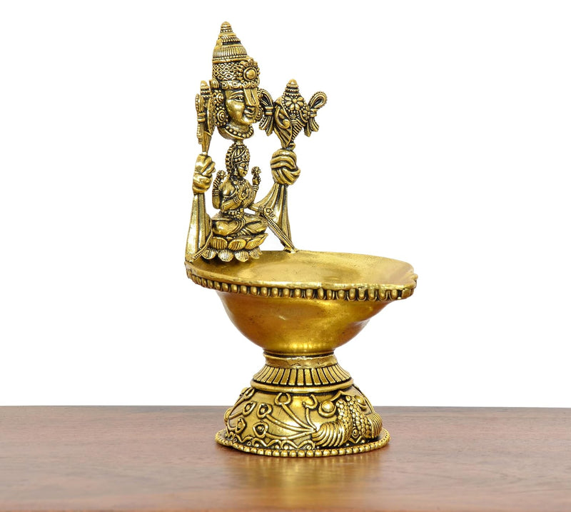 Bronze Tirupati Balaji and Goddess Lakshmi Diya Oil Lamp (Height 5.5 Inch)