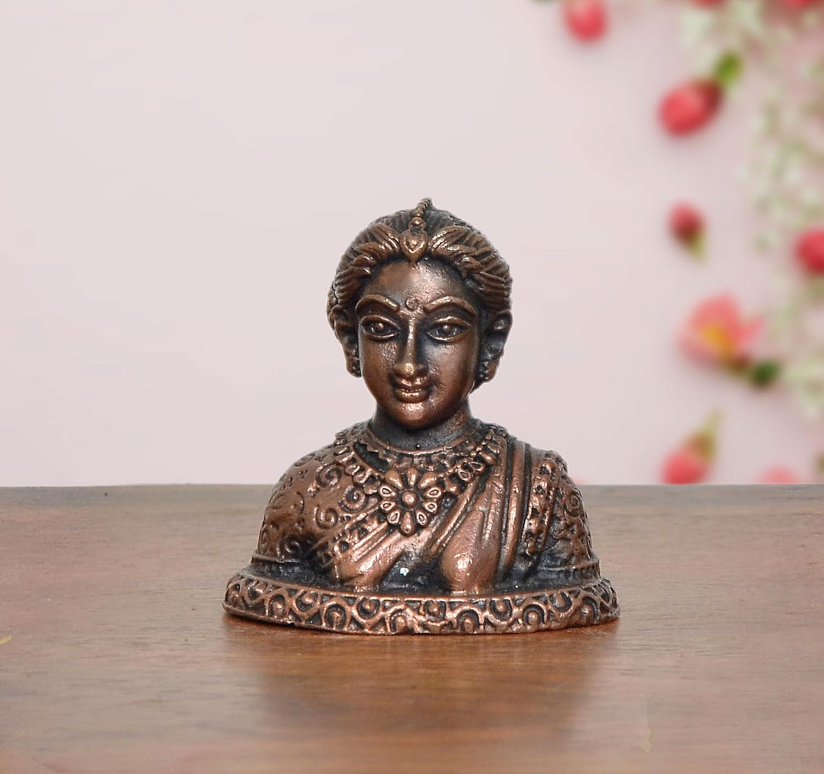Copper Gowri Idol bust statue, copper-tone, detailed crown and jewelry