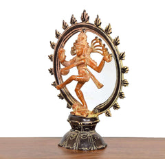 Tanzende Shiva Natraj Statue aus Messing mit Zackenrahmen, seitliche Ansicht, Sockel