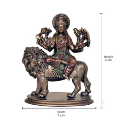 MAA Durga polyresin sculpture on lion with halo, front view showing decorated arms