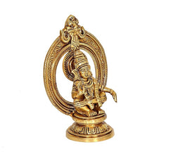 Brass Ayyappan idol angled view, ornate halo arch and raised hand