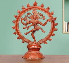 Dancing Lord Shiva brass figurine with circular halo, multicolour finish, 9 inch height