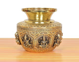 Brass decorative kalash lota, sculpted side figures and etched pattern on body, 5 in